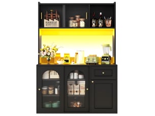 Buffet de cuisine noir avec led, vitrine colonne salle à manger, étagères réglables, meuble de rangement cuisine,120 x 35 x 167 cm