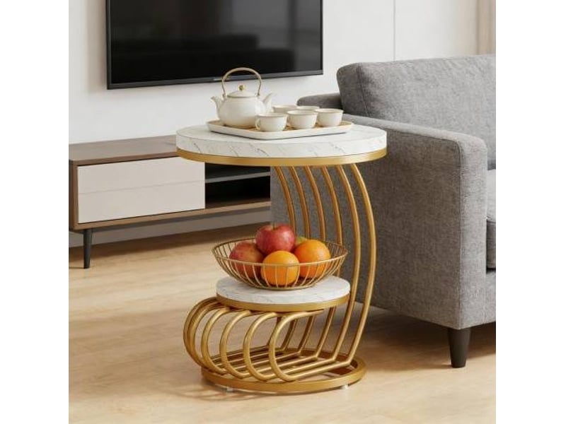  Bout de canapé rond à 2 niveaux, plateau effet marbre blanc et structure dorée  - Conforama B
