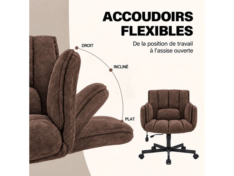Fauteuil ergonomique tissu accoudoirs rabattables, coussin lombaire gonflable, assise large, pivot 360° 150kg-marron - Conforama D
