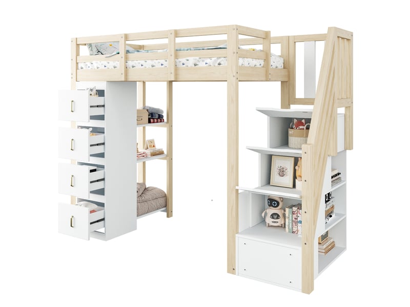  Lit mezzanine 90x200 cm avec tiroirs, escalier de rangement, bois naturel sans matelas  - Conforama B