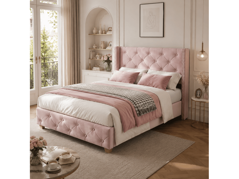  Modenvie lit 1 place capitonné 90x200 cm - velours et tête de lit capitonnée, sommier à lattes inclus - rose  - Conforama B