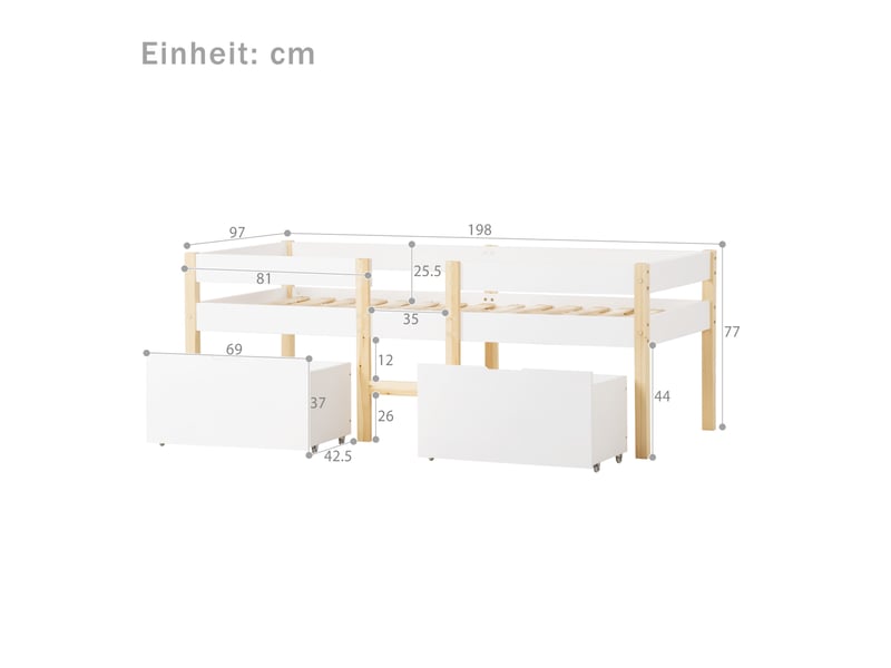 Lit enfant mi-hauteur avec 2 tiroirs 90x190 cm blanc et chêne clair - Conforama E
