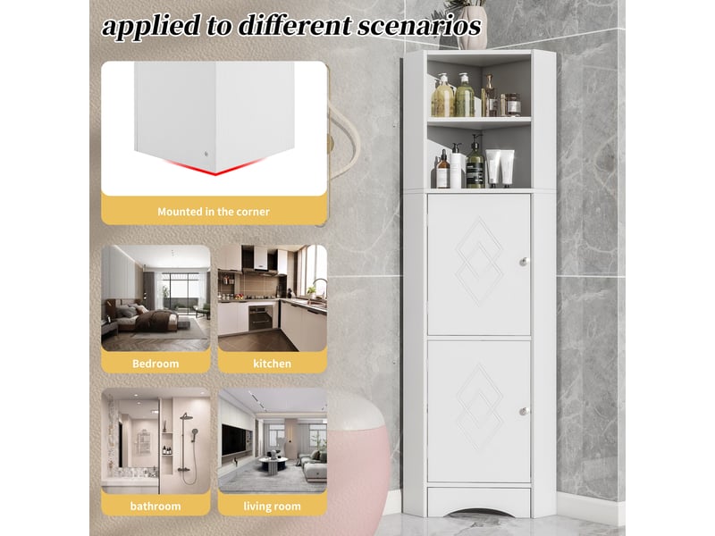  Colonne sdb 36,5x10x155 cm, meuble d'angle avec rangement, étagère réglable et portes, aggloméré, blanc  - Conforama E