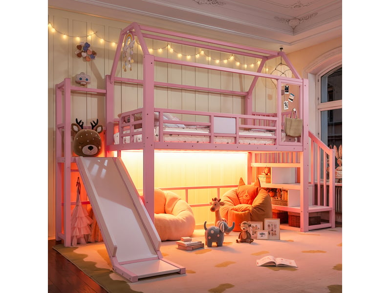 Lit mezzanine enfant tcqpz 90 x 200 cm avec toboggan escalier rangement led bluetooth rose - Conforama E