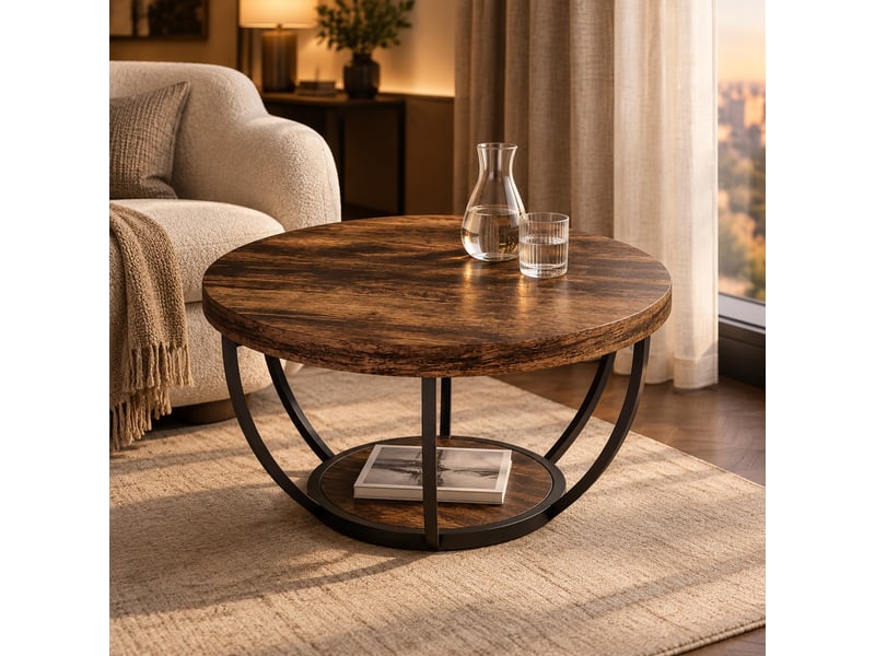  Table basse ronde à 2 niveaux, plateau en panneau de bois composite, finition rustique  - Conforama D
