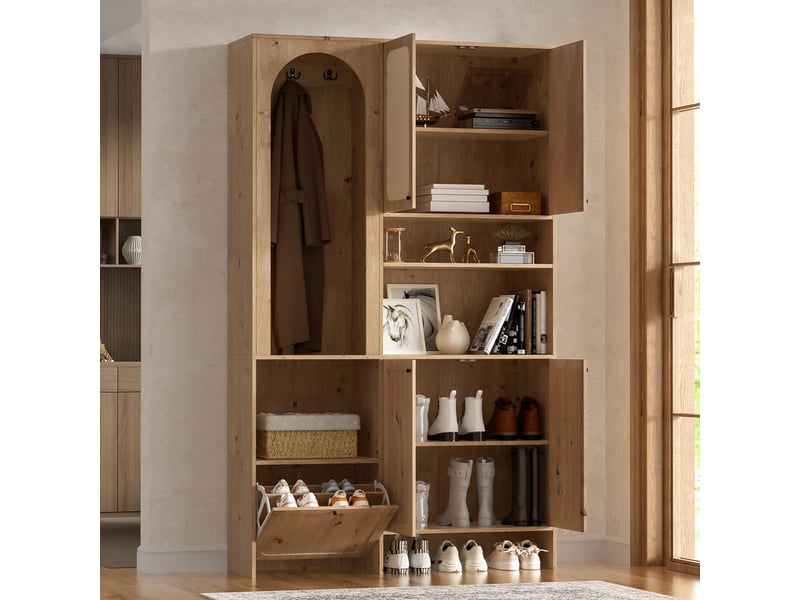 Vestiaire entrée rotin 120x35x200cm, 4 portes, basculant + patères, niches, grand rangement – naturel - Conforama D