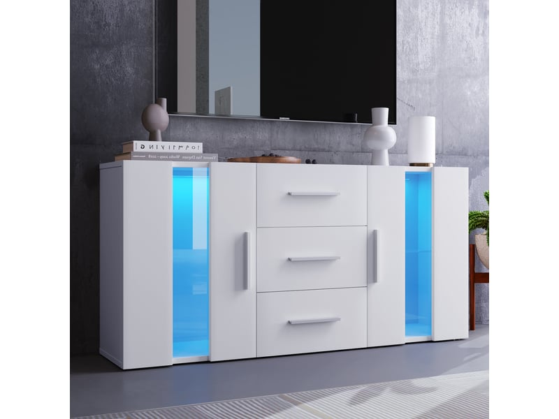  Meuble tv 140 cm 2 portes acryliques 3 tiroirs avec led blanc  - Conforama D