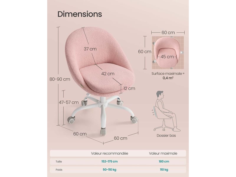  Chaise de bureau réglable en hauteur 60 x 60 x 90 cm confort rembourrage ergonomique style moderne en tissu rose bonbon 12_0010323  - Conforama B