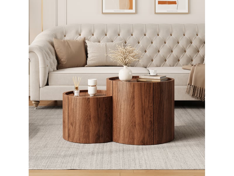  Table basse ronde avec 2 tiroirs, portes courbes et rangement en panneaux de particules noyer 77,5 × 47,5 × 40 cm  - Conforama E