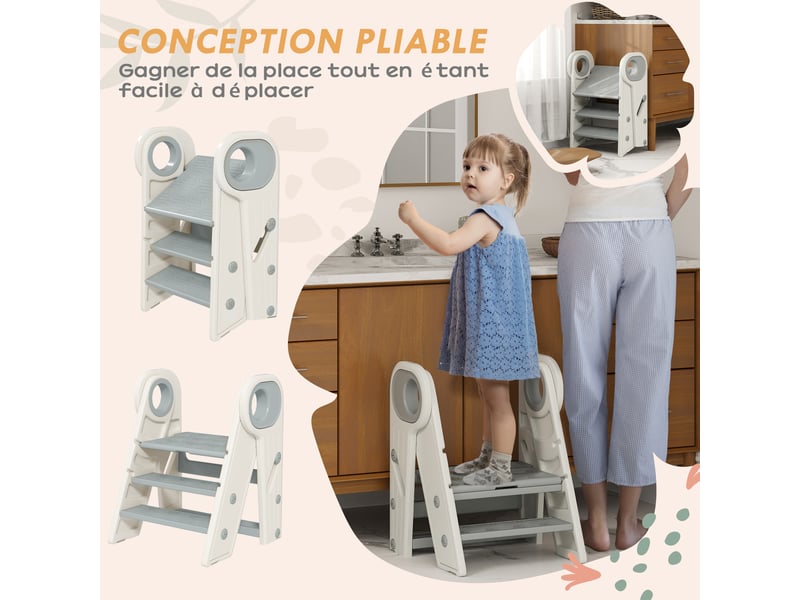  Marche pied pour enfant 3 marches, marchepied de cuisine pour enfant, pliable, gris, hauteur ajustable de 2 à 3 marches  - Conforama A