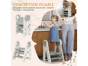 Marche pied pour enfant 3 marches, marchepied de cuisine pour enfant, pliable, gris, hauteur ajustable de 2 à 3 marches