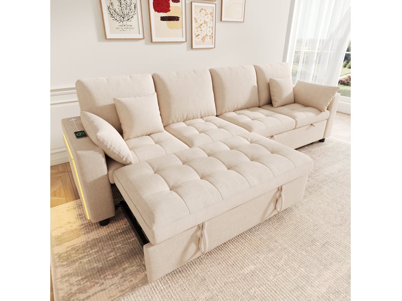  Canapé-lit 4 places 262.5x140x89 cm avec led et usb, dossier réglable, tissu couleur beige, design moderne  - Conforama D