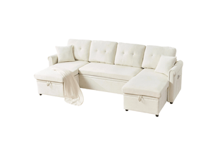 Canapé d'angle panoramique convertible MODFU 4 places Tissu beige avec coffre de rangement