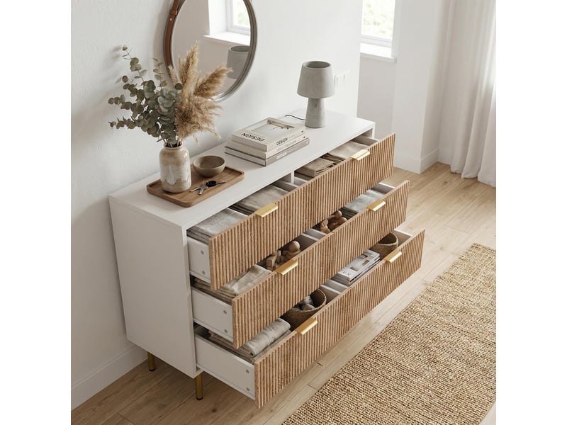 Commode 6 tiroirs, commode 100 cm, commode chambre, design strié bois et blanc, pieds dorés, meuble de rangement, chêne clair - Conforama C