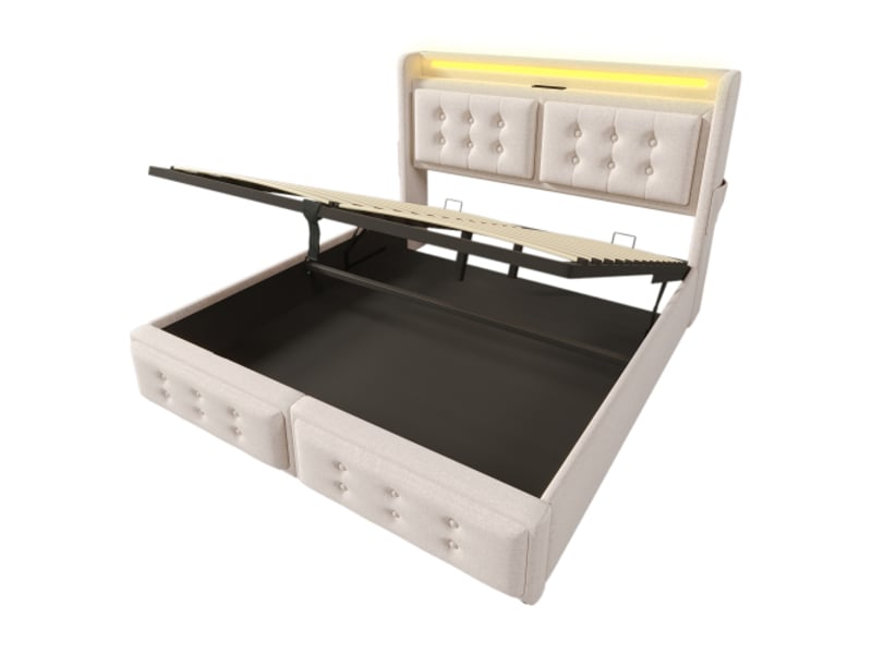 Lit coffre 160x200 cm, tête de lit de rangement et coffre, en tissu, beige, matelas inclus, avec lattes  - Conforama E