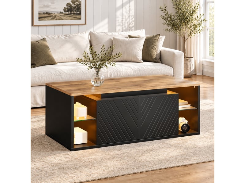  Table basse noire et décor bois 100 x 50 x 41 cm avec led, rangements semi-ouverts et 2 portes  - Conforama C
