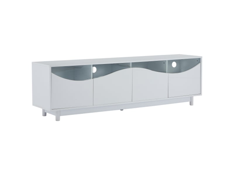  Meuble tv courbé blanc brillant avec porte en verre trempé et éclairage led - 175×38×51 cm, salonchambre  - Conforama A