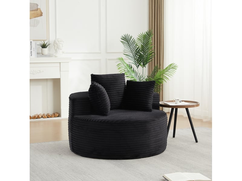  Fauteuil rond modenvie en velours côtelé noir 110 x 110 x 82 cm avec 3 coussins  - Conforama D