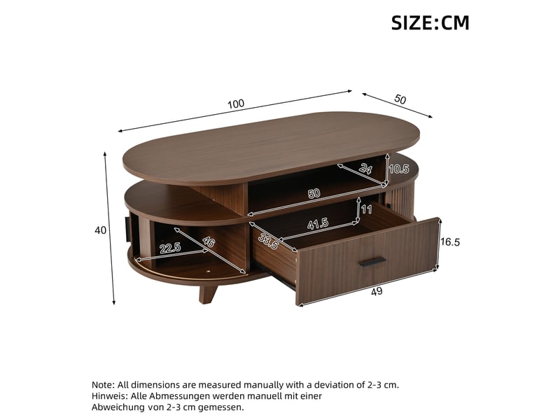 Table basse ovale avec tiroir et rangements, table salon, coloris noyer, 100x50x40 cm - Conforama C
