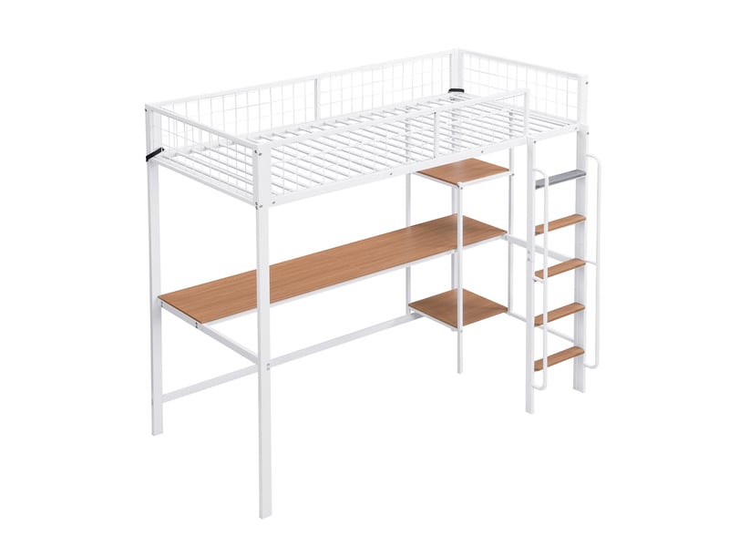 Lit mezzanine avec rangement, cadre métal blanc et bois naturel, taille 90x200 cm - Conforama W