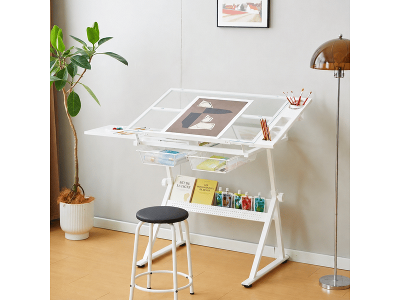  Table à dessin en verre trempé avec chaise, plateau inclinable et hauteur réglable  - Conforama B