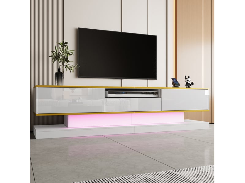  Meuble tv modenvie 180 x 38 x 45 cm avec 3 tiroirs, led multicolore, panneaux de particules blanc et doré  - Conforama B