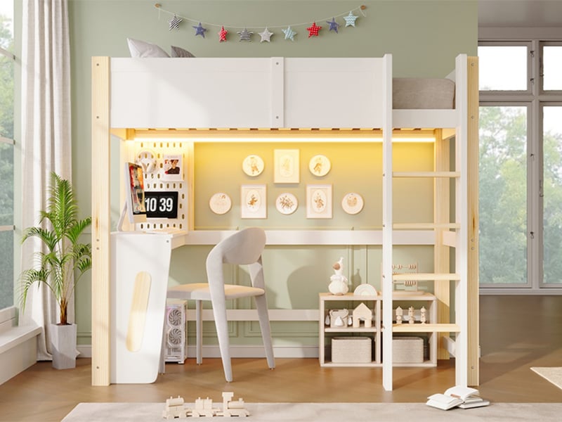  Lit mezzanine 90 × 200 cm en pin avec bureau, panneau perforé et bande led, sans matelas, naturel et blanc  - Conforama B