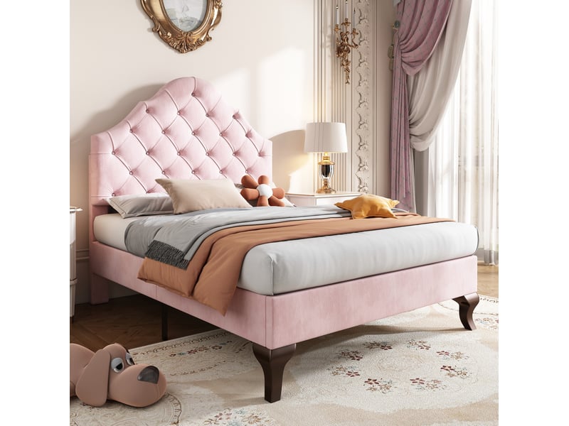  Lit simple 90x200 cm en velours rose avec tête de lit réglable et sommier à lattes  - Conforama E