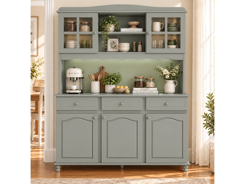 Buffet de cuisine avec 5 portes 3 tiroirs, led, prises et usb, meubles de rangement 135x40x185 cm, gris-vert - Conforama W