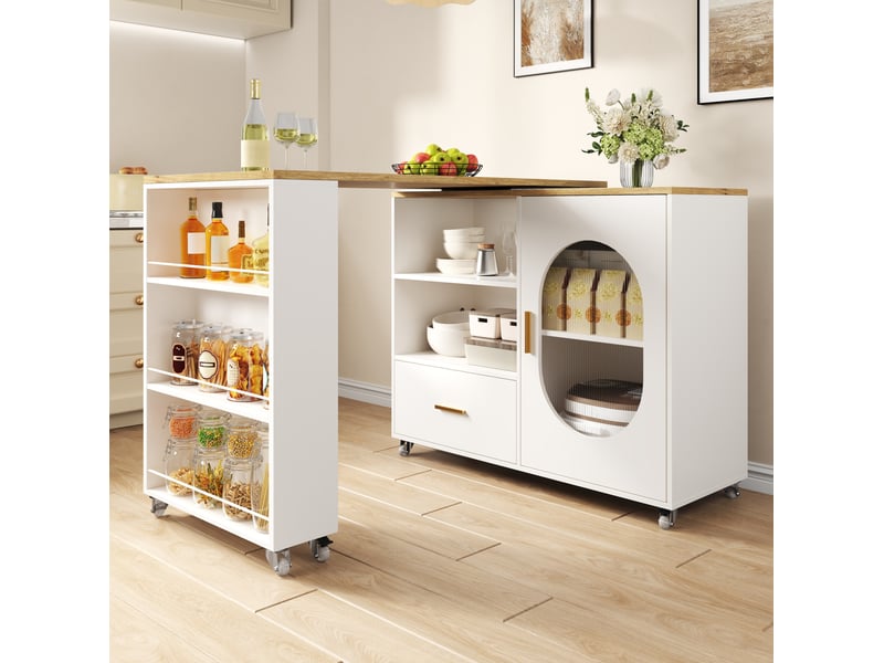 Îlot de cuisine mobile 120-180x60x90 cm plateau rotatif 360° naturel et blanc - Conforama B