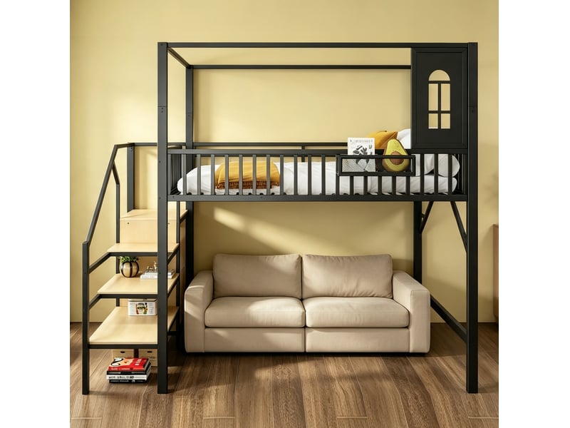 Lit mezzanine 140x200 cm, 250x145x222 cm, toit, escalier rangement, métal et mdf, noir et blanc, sans matelas - Conforama E