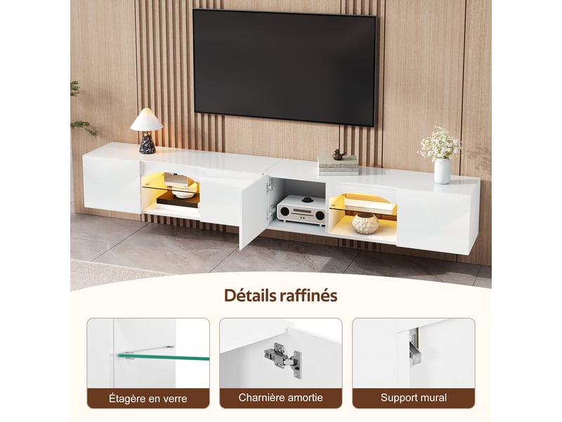  Meuble tv 200x30x28 cm avec led app, 4 portes, 2 niches, étagères en verre, finition brillante, blanc  - Conforama D