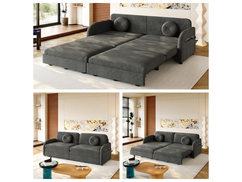  Canapé 3 places convertible en chenille, 206 x 84 x 90 cm, lit coulissant avec dossier réglables et poches de rangement, gris  - Conforama B