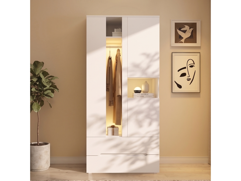 Armoire de chambre blanche avec led 90x50x200 cm 3 portes 2 tiroirs et penderie - Conforama D