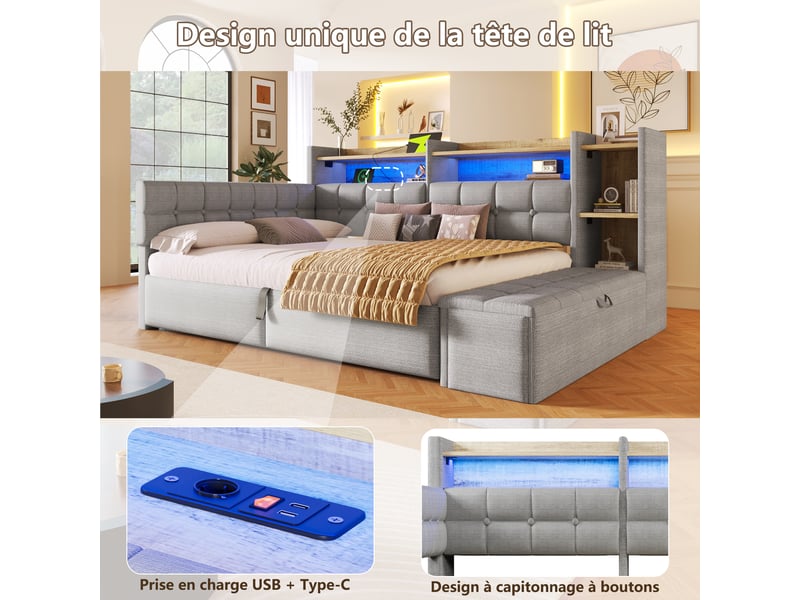  Lit coffre hydraulique 140x200 cm avec led multicolore, usb et usb-c et banc coffre, velours gris, sans matelas  - Conforama E