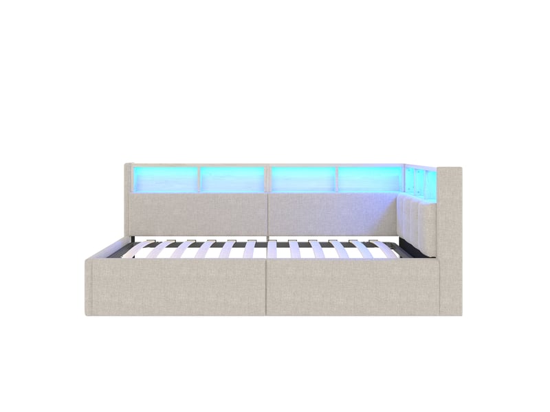  Lit banquette beige 90x200 cm avec rangement hydraulique, led, usbtype-c, lin, convertible  - Conforama A