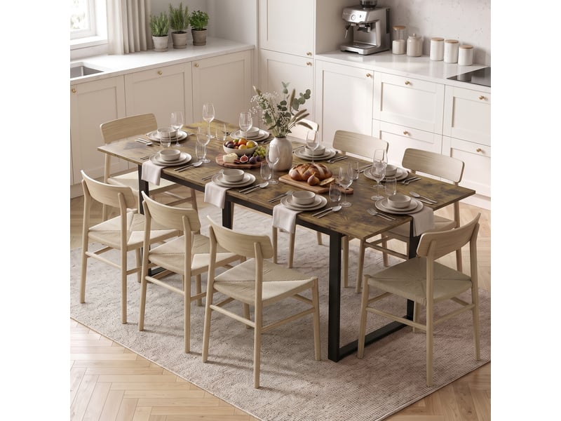  Table de salle à manger extensible 140-180 cm pour 6 à 8 personnes, rectangulaire, style industriel, avec structure en acier et revêtement imitation bois tigré.  - Conforama D
