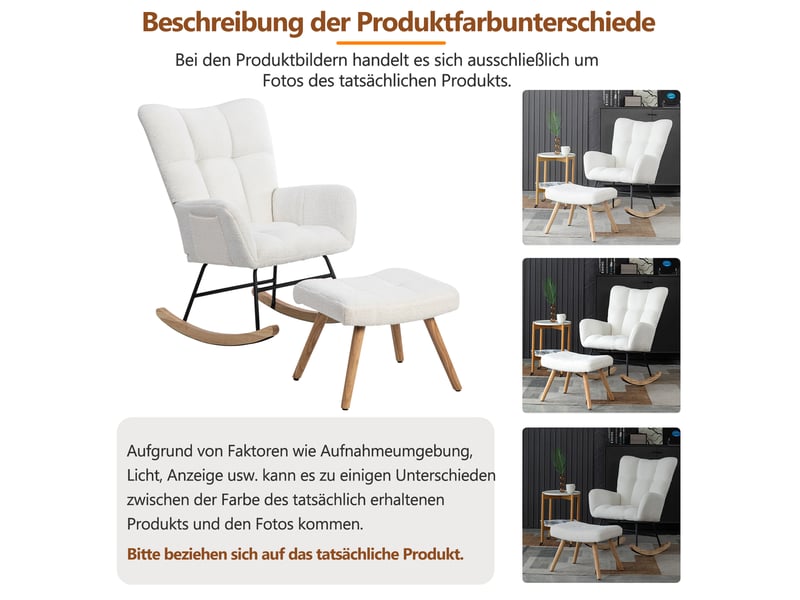  Fauteuil à bascule avec pouf, assise rembourrée et patins en feutre, bois d'hévéa, tissu bouclette blanc, 92 cm  - Conforama E
