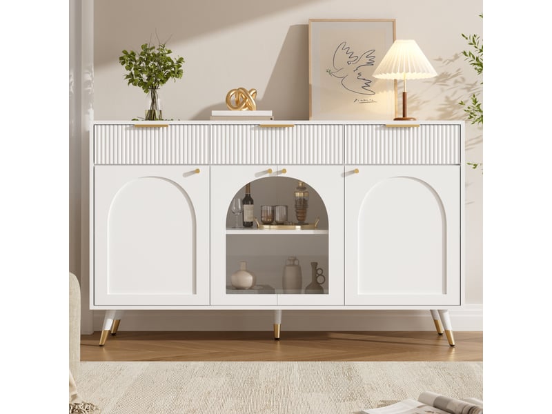 Buffet 140 x 40 x 85,5 cm, 4 portes transparentes en acrylique, 3 tiroirs et grand rangement pour salon, poignées métal, pieds bois, blanc ABC - Conforama E