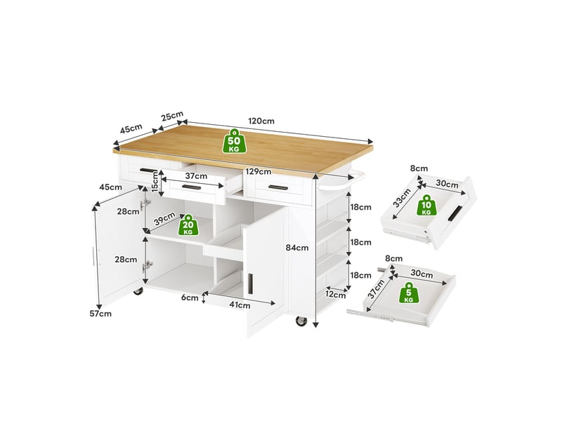  Îlot de cuisine 120 cm, plateau rabattable, 3 tiroirs, rangements coulissants, prises usb, roulettes, blanc et bois  - Conforama C