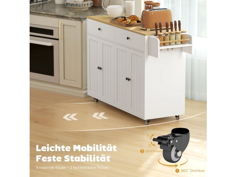  Îlot de cuisine mobile 147x43x89 cm 2 tiroirs 2 placards porte-serviettes porte-couteaux mdf blanc  - Conforama D