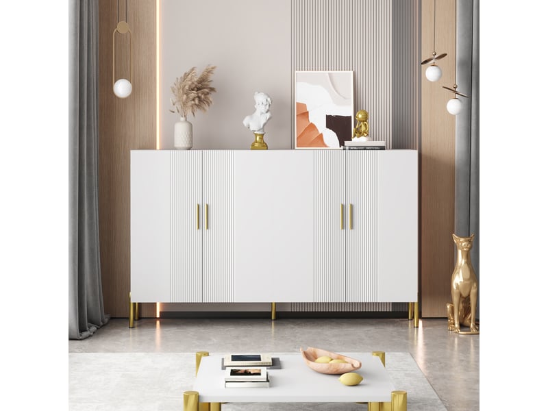 Buffet blanc et doré 4 portes, bahut moderne blanc mat 160 cm avec étagères réglables pour salle à manger et salon - Conforama R