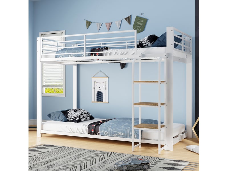 Lit superposé enfant 90 × 200 cm 2 places avec échelle et barrières, sans matelas, métal et mdf blanc noyer - Conforama B