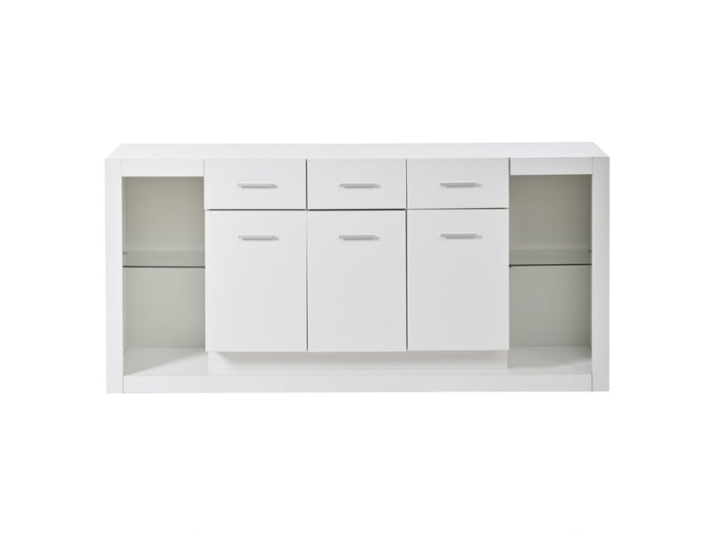 Buffet brillant blanc, 160 x 40 x 75 cm, commode vaisselier avec 3 tiroirs 3 portes et led - Conforama A