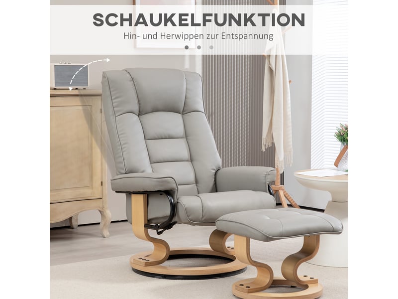 Fauteuil relax avec pouf, inclinable à 130°, pivotant à 360°, simili cuir gris, pour salon et coin lecture - Conforama E