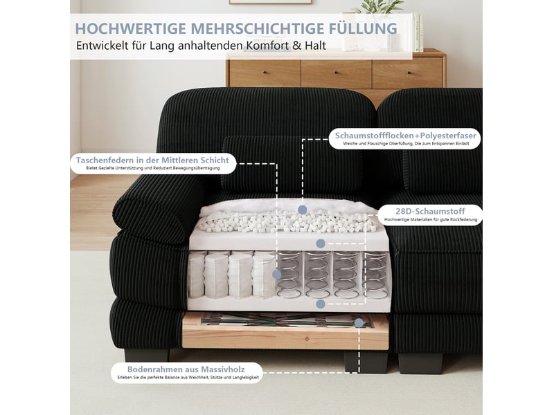  Canapé modulable en u 4 places 336 x 161 x 94 cm, avec 2 poufs, assise profonde, coussins épais, velours côtelé noir  - Conforama E