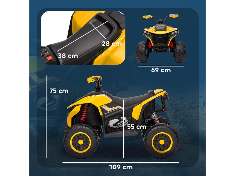  Quad électrique pour enfants, 3-6 kmh, phares led, musique, port usb, pour les 3-8 ans, jaune  - Conforama E