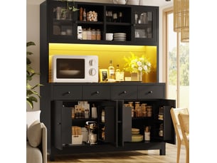 Buffet haut de cuisine avec 6 portes, 4 tiroirs, étagères réglables et éclairage rvb, noir 140 × 38,5 × 180 cm