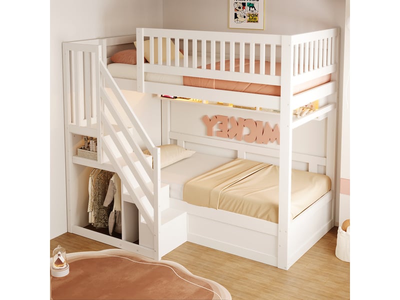  Lit superposé 90 × 200 cm – avec escalier de rangement – ​​avec étagères – avec éclairage led – avec prise électrique – blanc (matelas non inclus)  - Conforama R