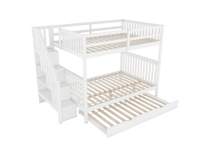  Lit superposé 140x200 avec lit gigogne coulissant et escalier de rangement, cadre en bois massif blanc pour chambre d'enfant.  - Conforama A